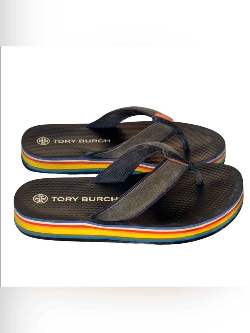 Tory Burch '70s Platform Flip-Flops Navy suede material Rainbow Platform Sz 9M